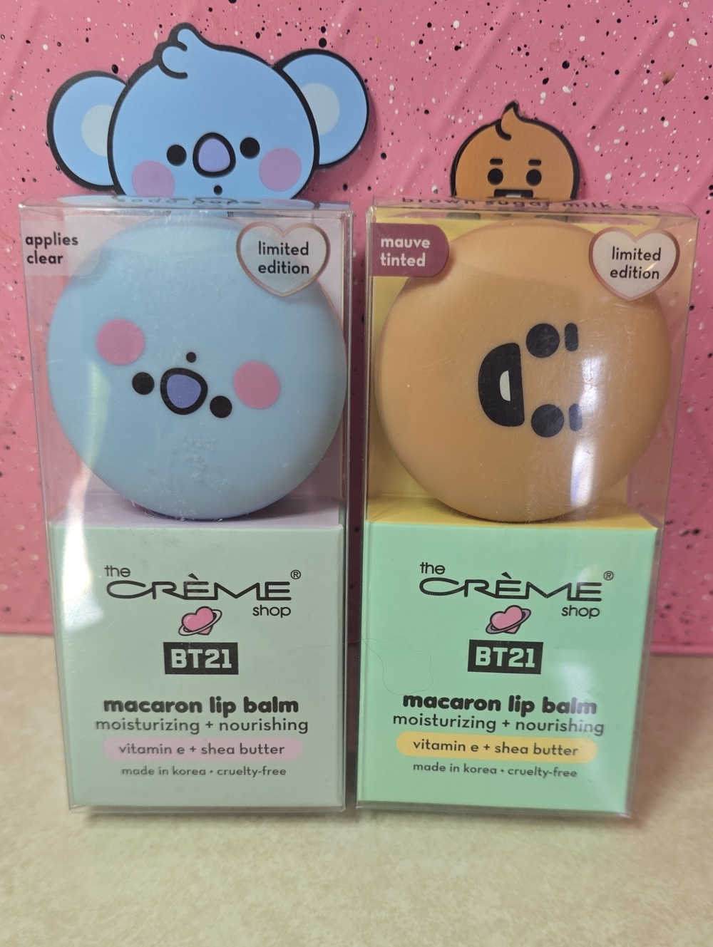 The Creme Shop Macaron Lip Balm Lot of 2 - "Brown Sugar Milk Tea" & "Soda Pop"